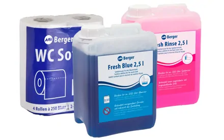 Sanitárna sada  3-dielna vrátane Fresh Blue 2,5 l + Fresh Rinse 2,5 l + toaletný papier WC Soft
