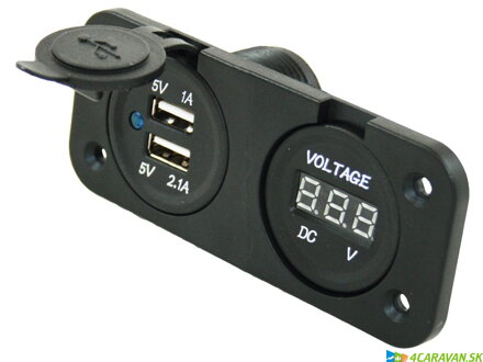 Dvojitá USB vstavaná zásuvka – s voltmetrom, 12 V Dvojitá USB vstavaná zásuvka – s voltmetrom, 12 V