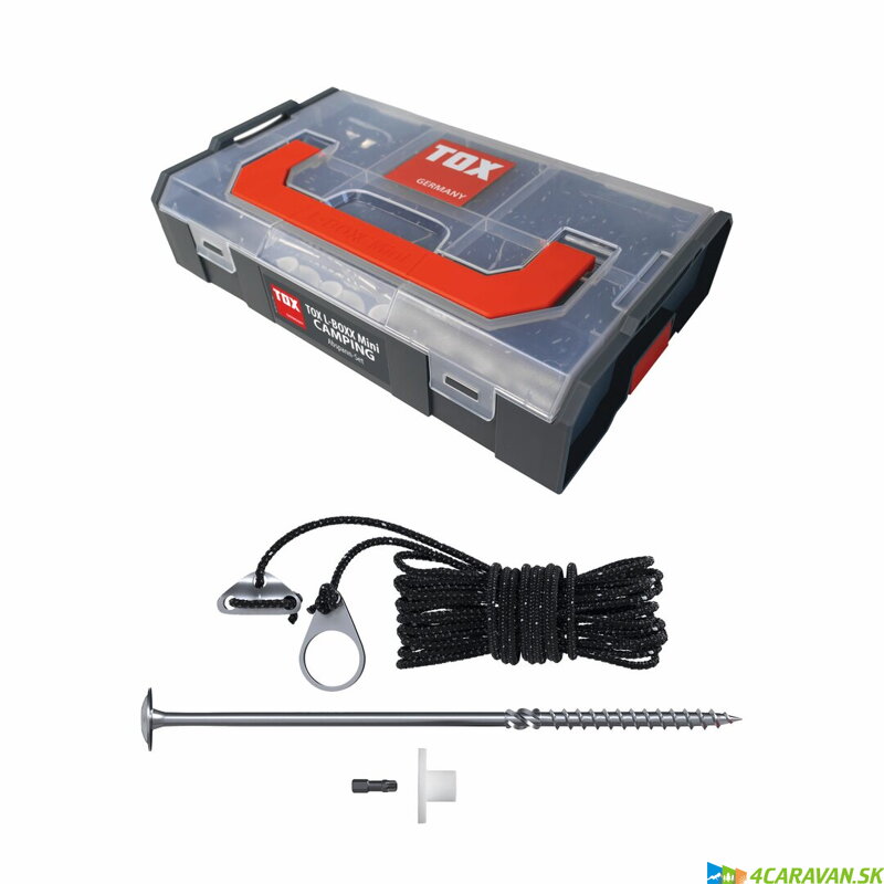TOX Camping Abspann‑Set – skrutkové kotvy 8×220 mm + reflexné šnúry v L‑BOXX Mini (19‑dielna sada)