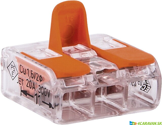 WAGO 221-413 – transparentná 3-pólová spojovacia svorka s páčkam